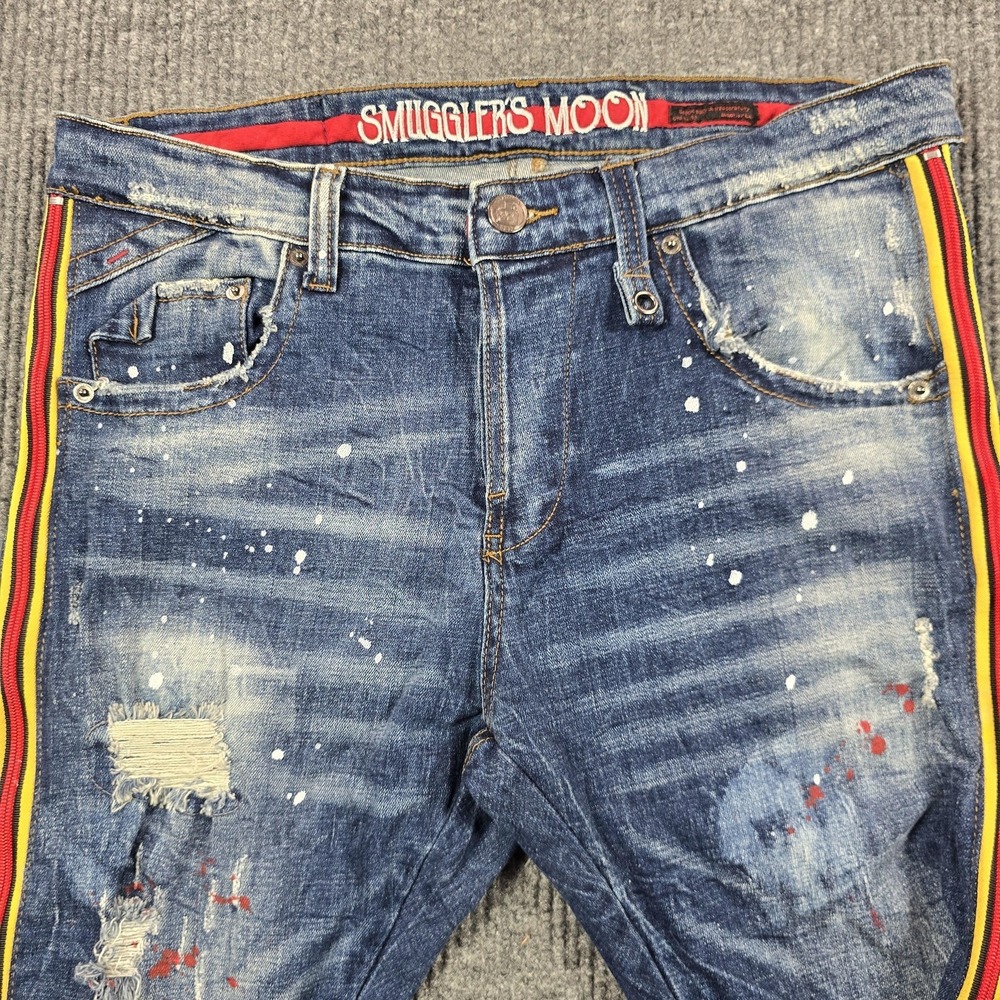 Smuggler's Moon Jeans Mens 34x32 Blue Slim Tapered Distressed Side Stripe Paint